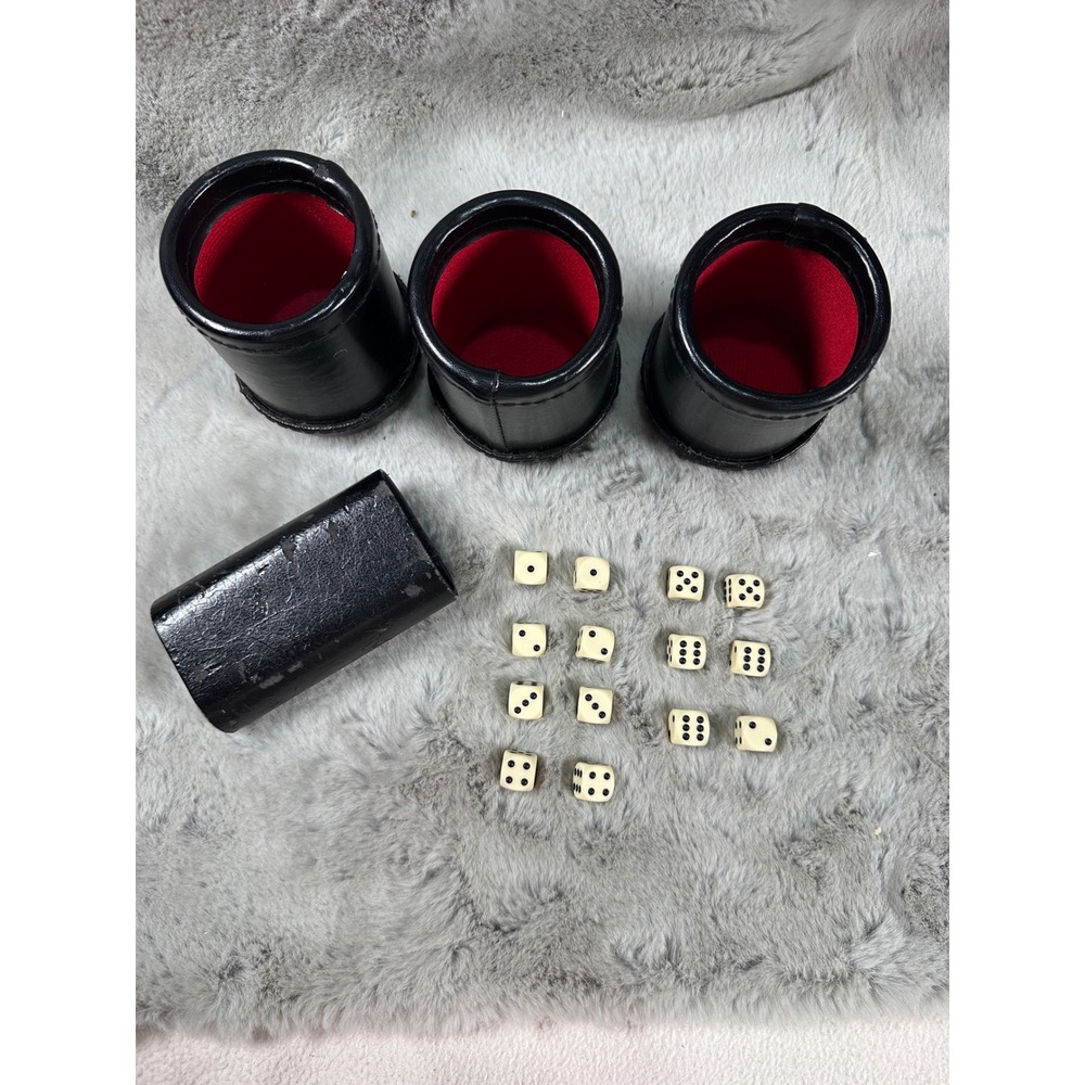Vintage Dice Game Set 3 Cups 15 Dice Red Felt Case